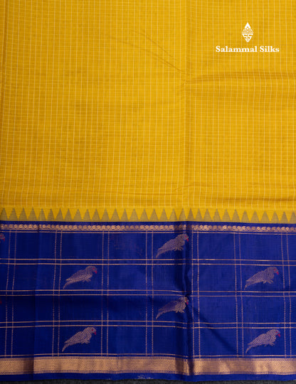 Golden Yellow Small Checks Pure Silk Cotton Saree With Contrast Long Violet Border