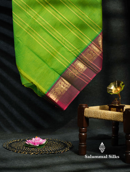 Beautiful Green Plain Pure Chettinad Cotton Saree With Traditional Ganga Jamuna Border