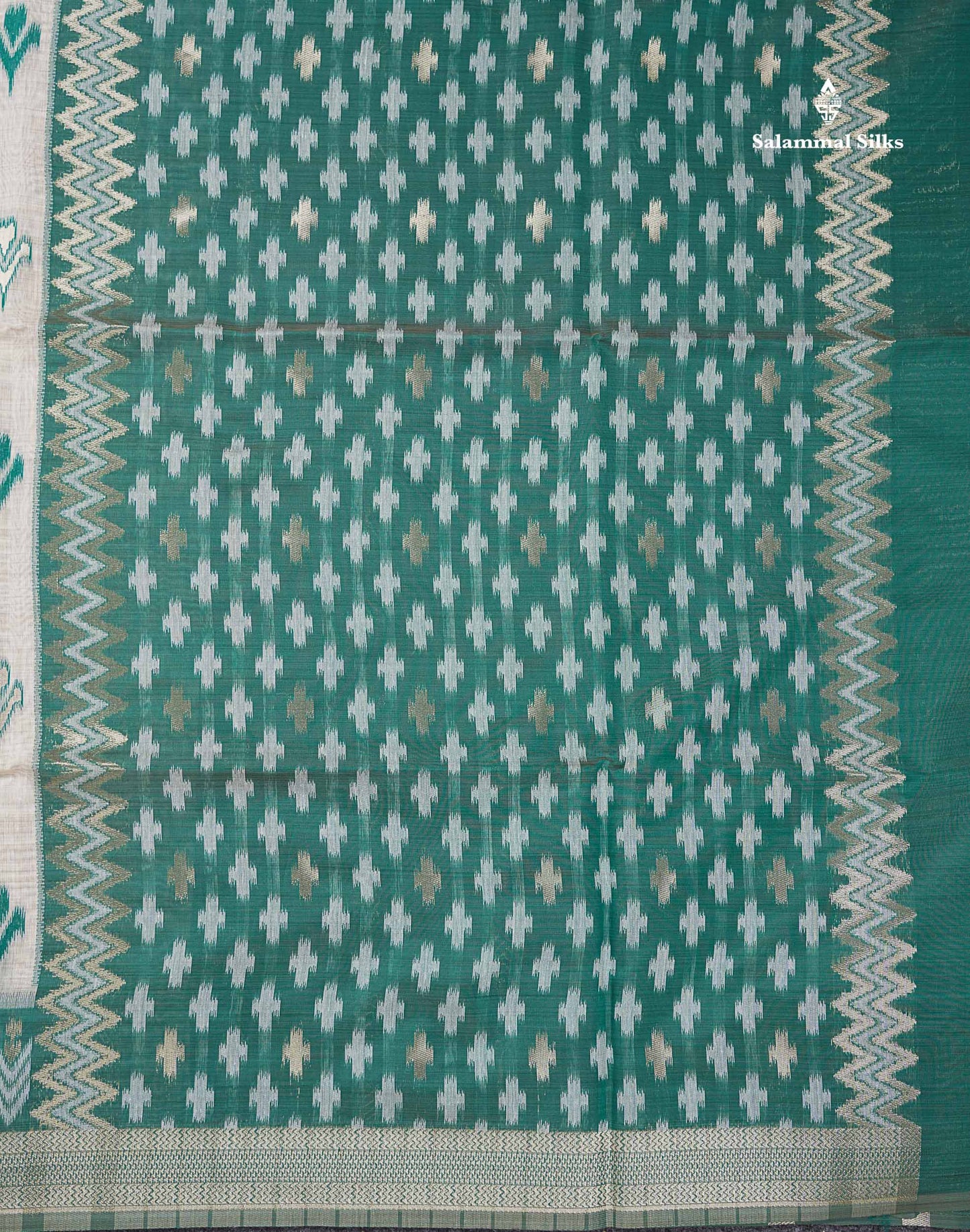 Elegant Cream Sandal Ikkat Style Cotton Mix Saree With Contrast Peacock Blue Border