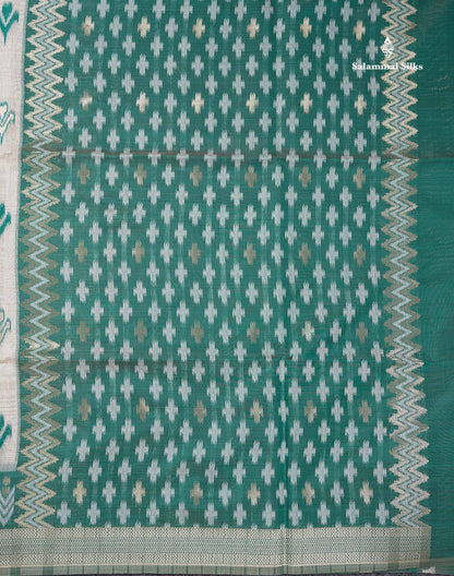 Elegant Cream Sandal Ikkat Style Cotton Mix Saree With Contrast Peacock Blue Border