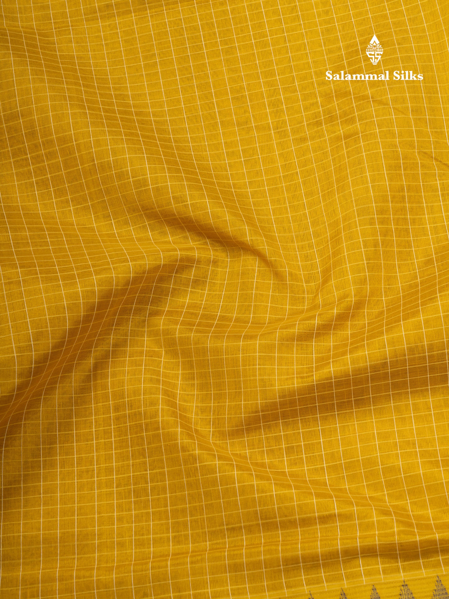 Golden Yellow Small Checks Pure Silk Cotton Saree With Contrast Long Violet Border