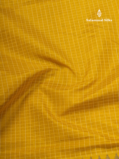 Golden Yellow Small Checks Pure Silk Cotton Saree With Contrast Long Violet Border