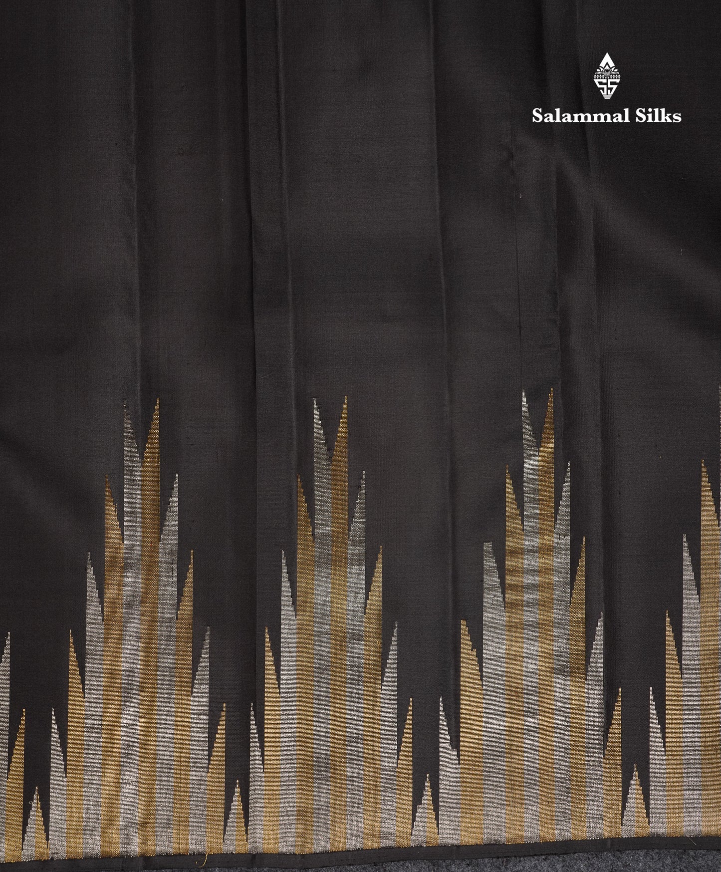 Beautiful Black Plain Pure Kanjivaram Silk Saree With Silver & Gold Traditional Temple Border