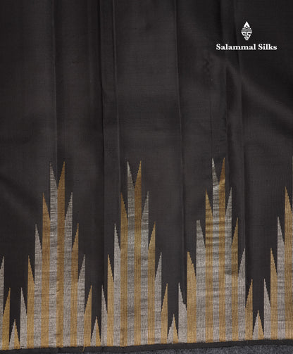 Beautiful Black Plain Pure Kanjivaram Silk Saree With Silver & Gold Traditional Temple Border