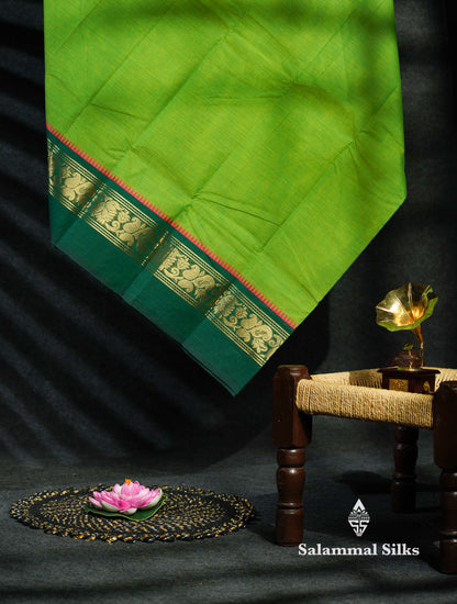 Beautiful Green Plain Pure Chettinad Cotton Saree With Traditional Ganga Jamuna Border