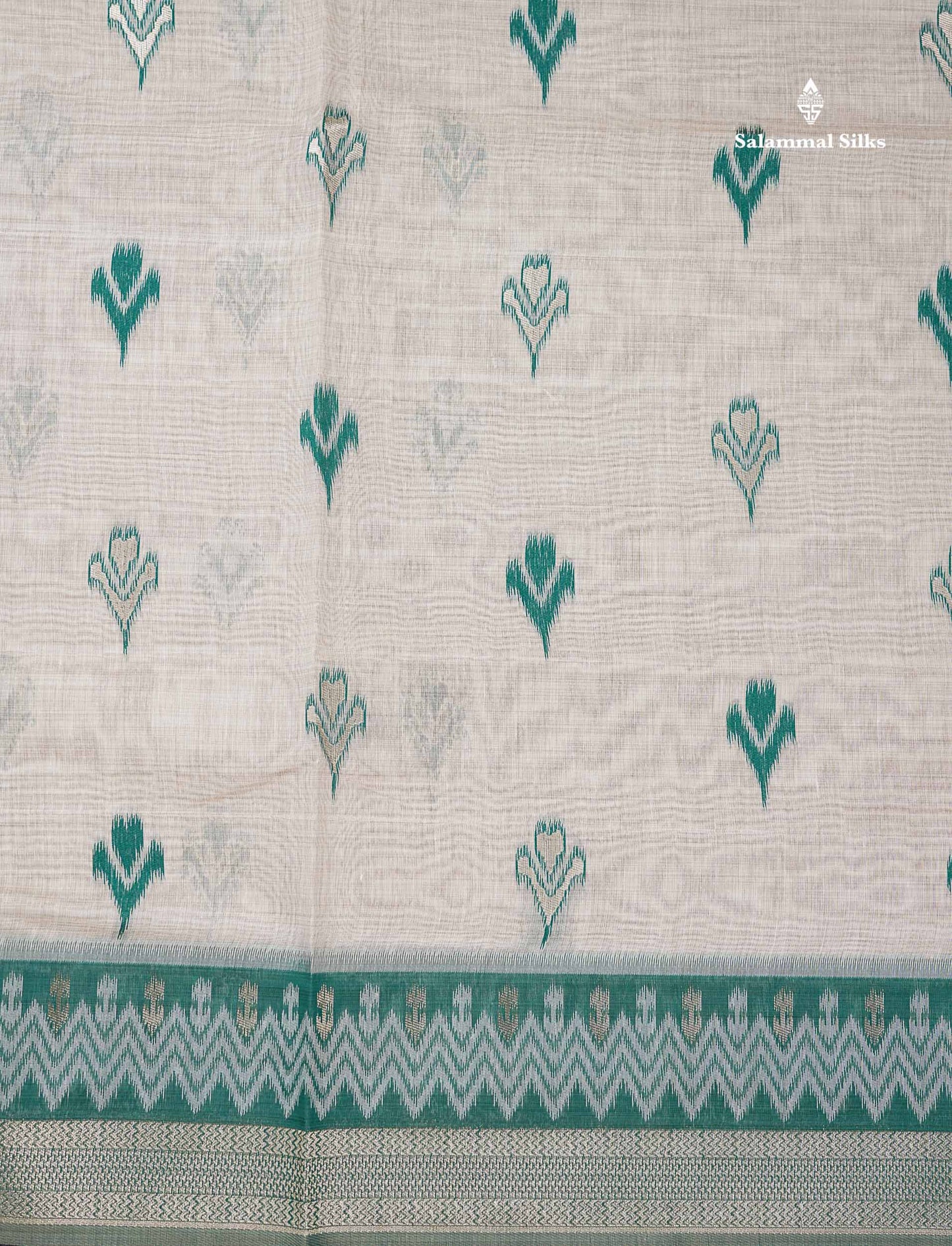 Elegant Cream Sandal Ikkat Style Cotton Mix Saree With Contrast Peacock Blue Border