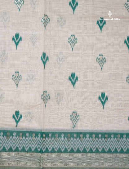 Elegant Cream Sandal Ikkat Style Cotton Mix Saree With Contrast Peacock Blue Border
