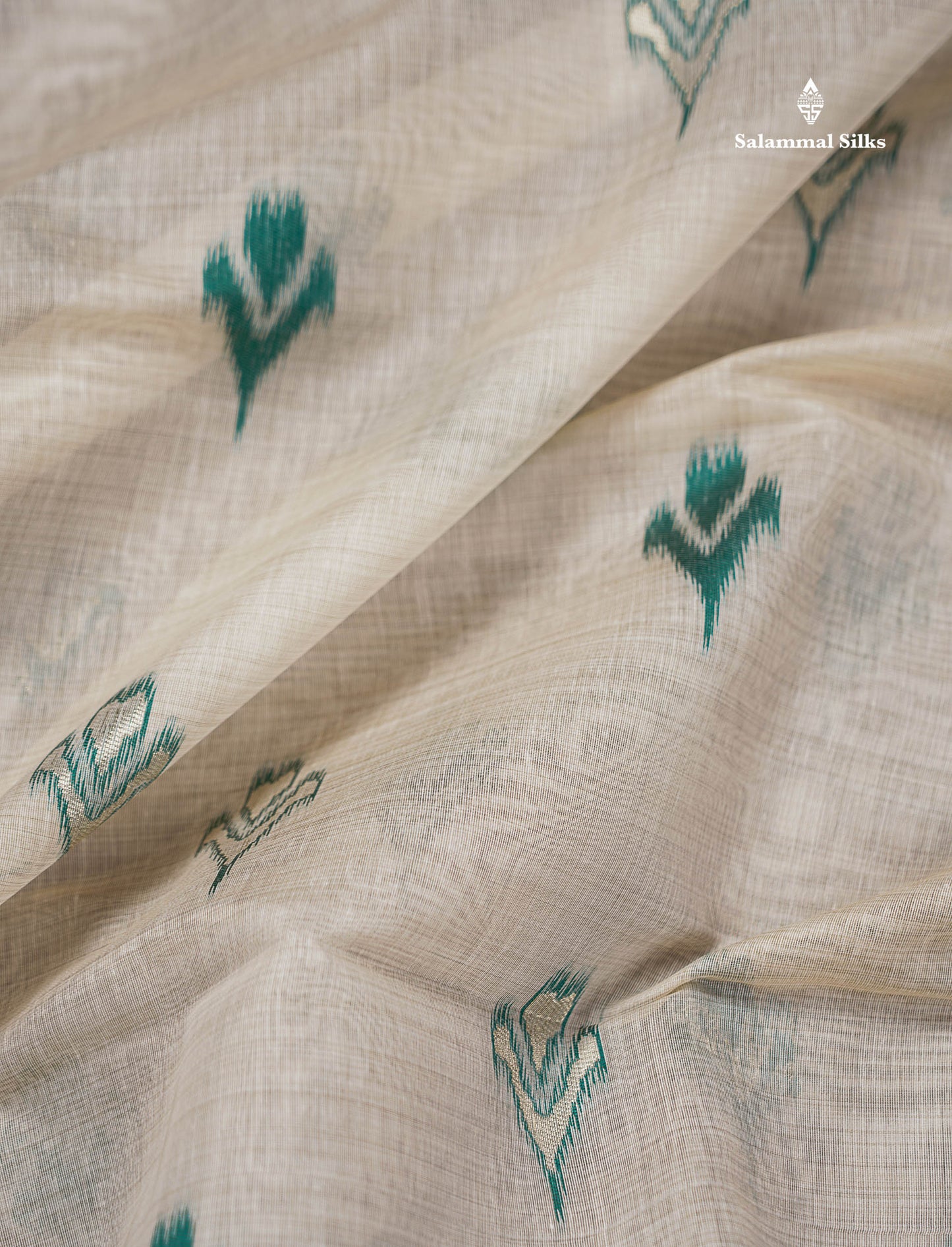 Elegant Cream Sandal Ikkat Style Cotton Mix Saree With Contrast Peacock Blue Border