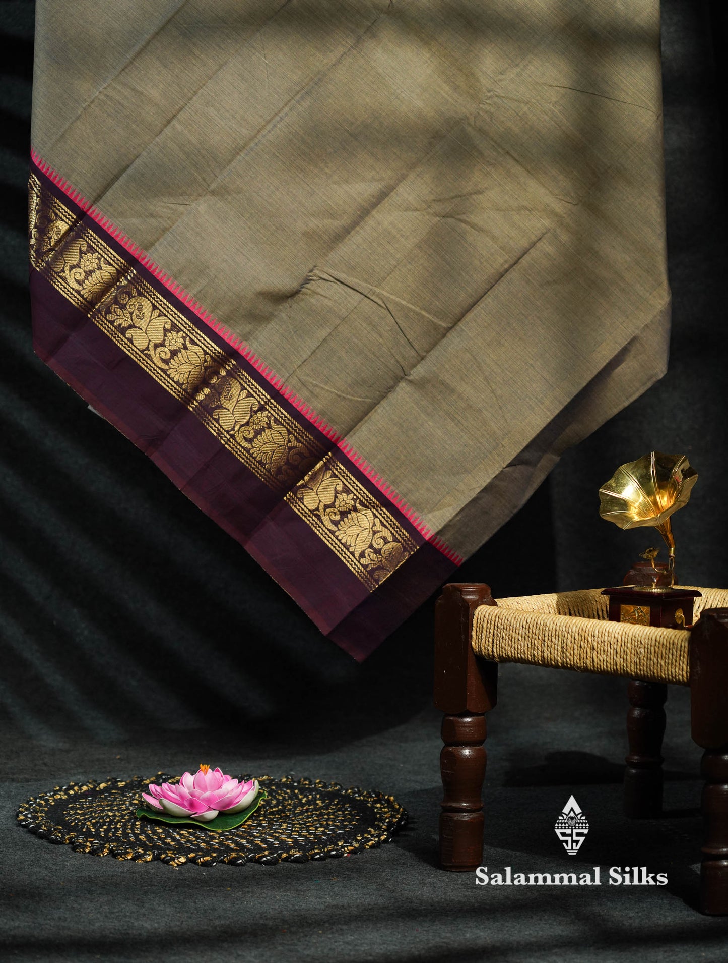 Beautiful Grey Plain Pure Chettinad Cotton Saree With Dark Violet Traditional Border