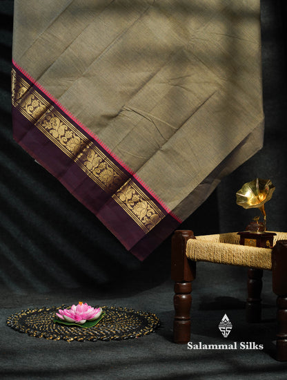 Beautiful Grey Plain Pure Chettinad Cotton Saree With Dark Violet Traditional Border