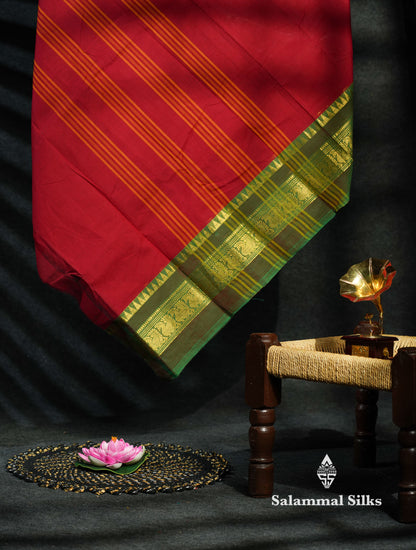 Beautiful Maroon Plain Pure Chettinad Cotton Saree With Green Traditional Border