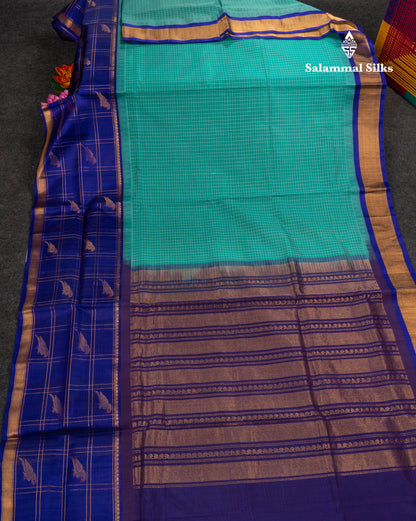 Sapphire Green Small Checks Pure Silk Cotton Saree With Contrast Long Violet Border & Parrot Motifs