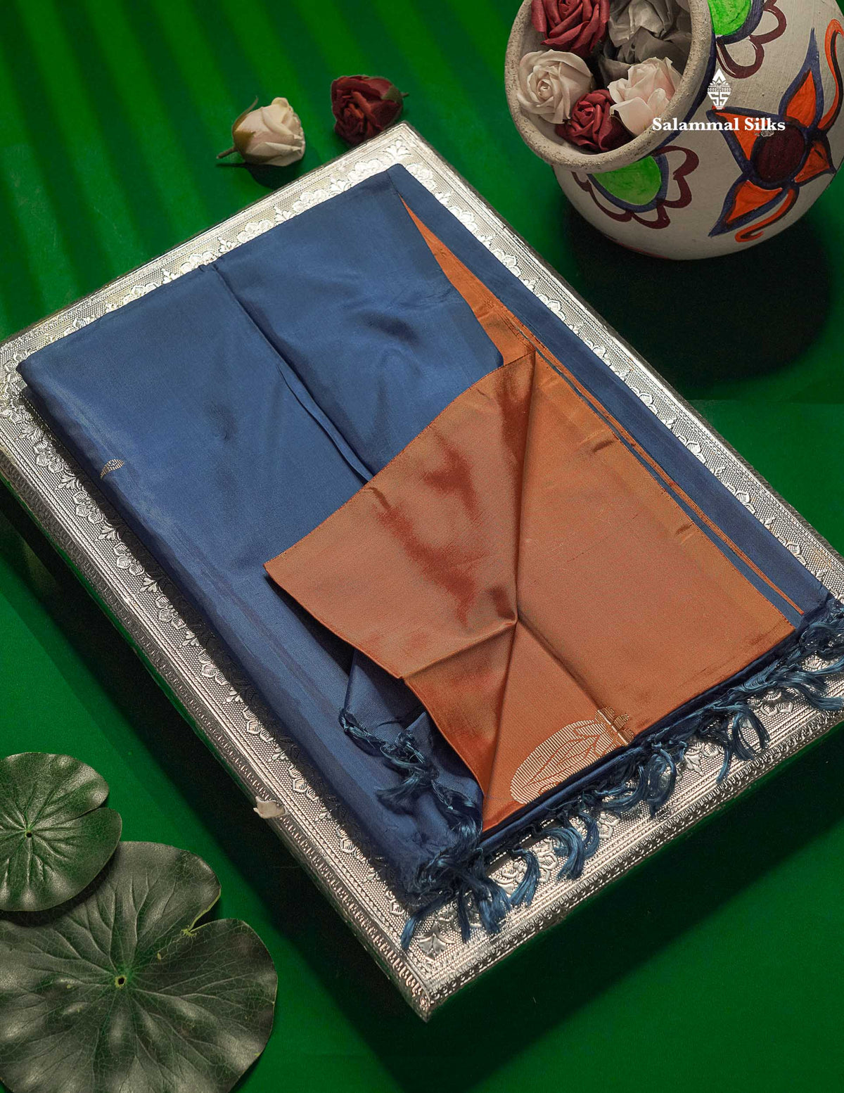Orange Thread work Buttas Banana Pinth Saree (Vaazhainaar Pattu) With Contrast Royal Blue Blouse