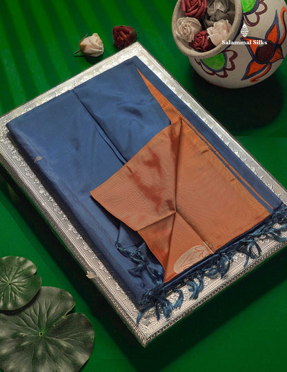Orange Thread work Buttas Banana Pinth Saree (Vaazhainaar Pattu) With Contrast Royal Blue Blouse
