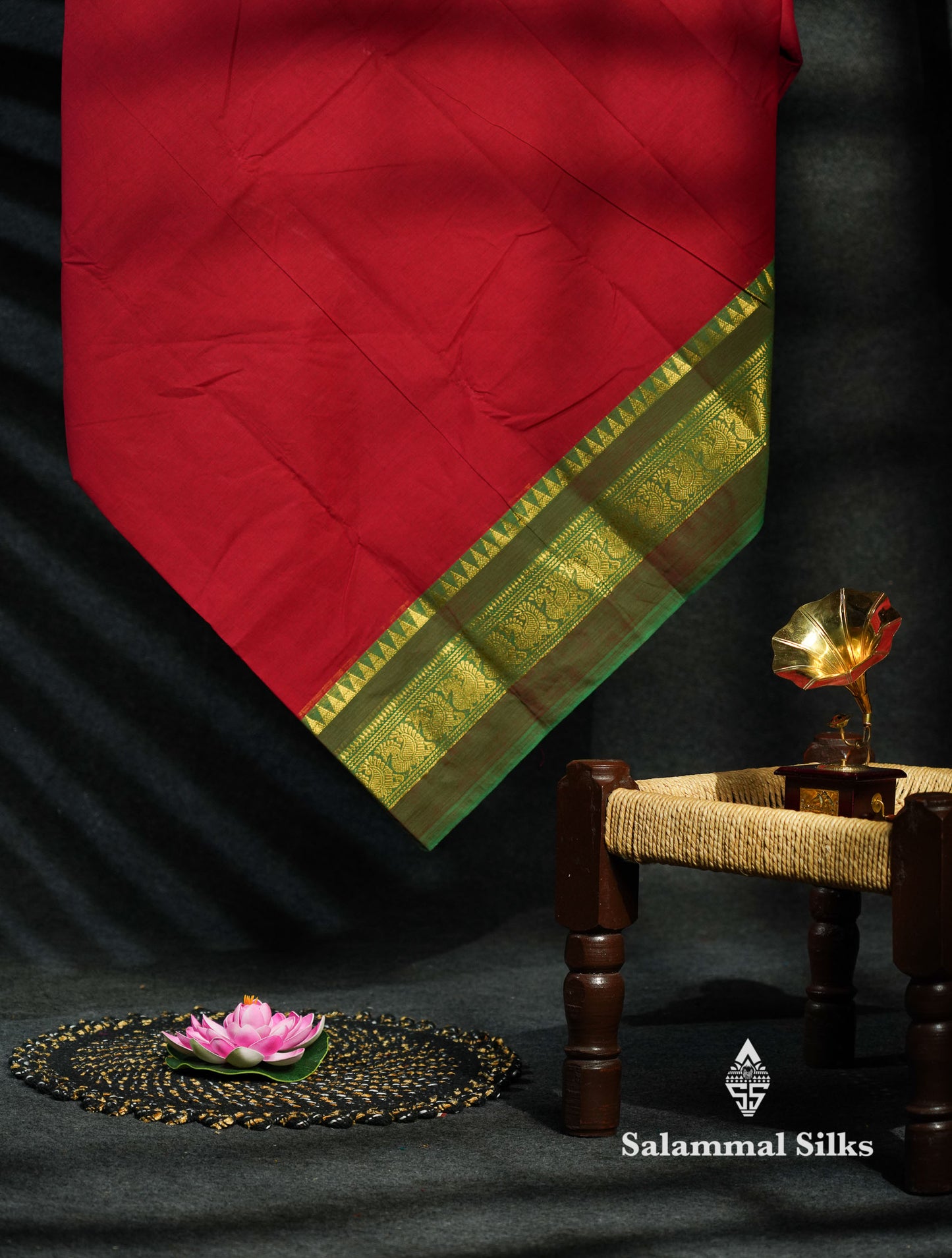 Beautiful Maroon Plain Pure Chettinad Cotton Saree With Green Traditional Border