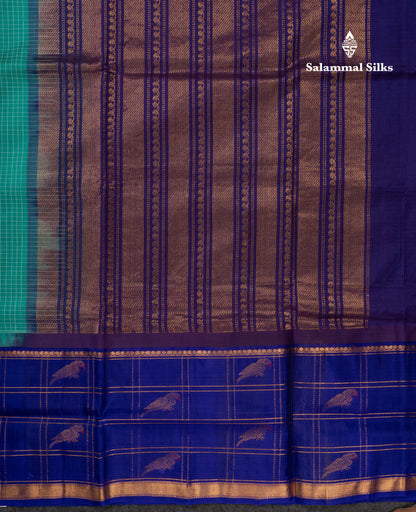 Sapphire Green Small Checks Pure Silk Cotton Saree With Contrast Long Violet Border & Parrot Motifs