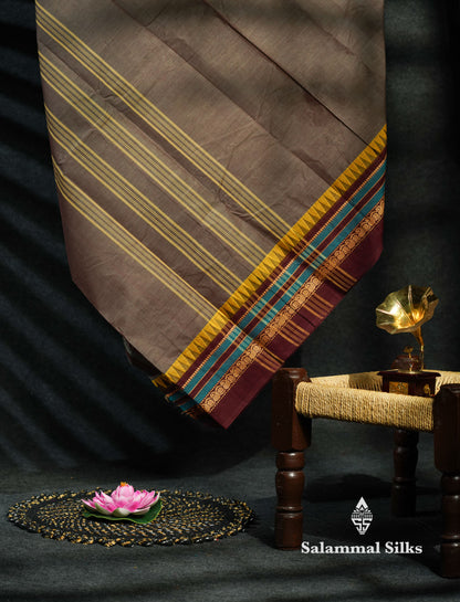 Beautiful Grey Plain Pure Chettinad Cotton Saree With Black Thread Work Border
