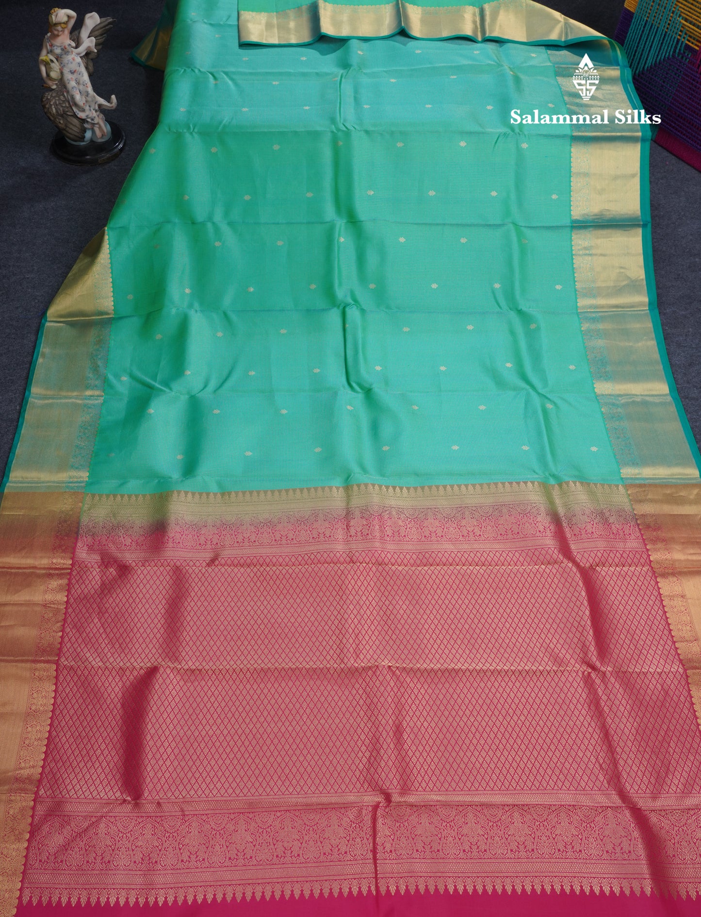 Sapphire Green Traditional Vairaoosi Checks And Buttas Pure Kanjivaram Silk Saree With Self Border