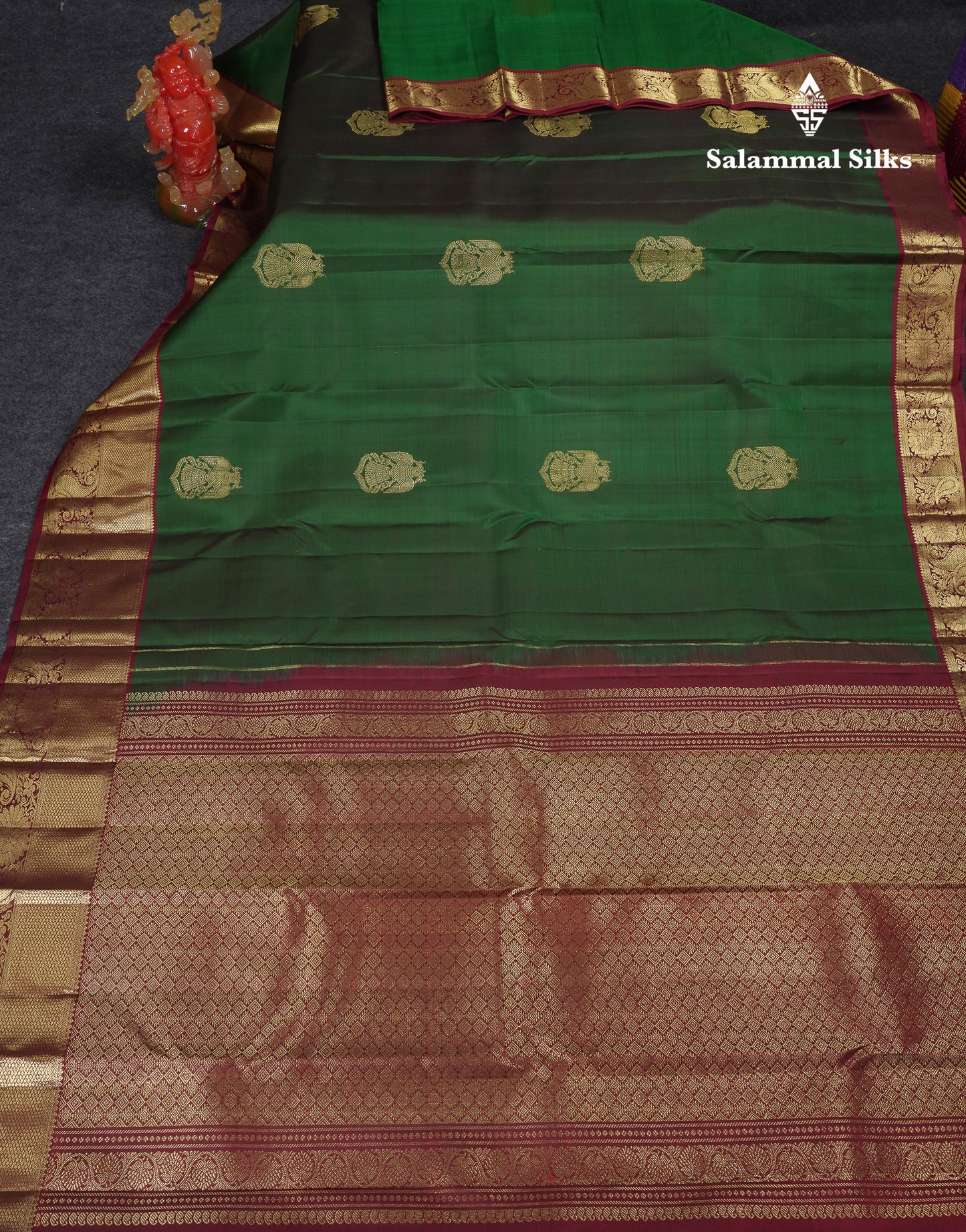 Beautiful Bottle Green Iruthalai Pakshi Pure Kanjivaram Silk Saree With Contrast Dark Maroon Tradiional Border