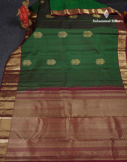 Beautiful Bottle Green Iruthalai Pakshi Pure Kanjivaram Silk Saree With Contrast Dark Maroon Tradiional Border
