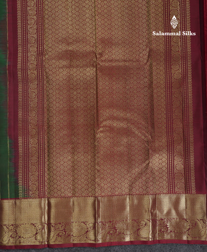 Beautiful Bottle Green Iruthalai Pakshi Pure Kanjivaram Silk Saree With Contrast Dark Maroon Tradiional Border