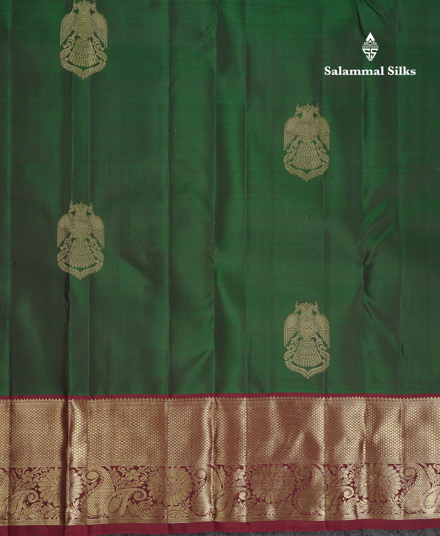 Beautiful Bottle Green Iruthalai Pakshi Pure Kanjivaram Silk Saree With Contrast Dark Maroon Tradiional Border