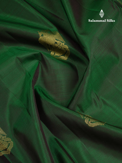 Beautiful Bottle Green Iruthalai Pakshi Pure Kanjivaram Silk Saree With Contrast Dark Maroon Tradiional Border