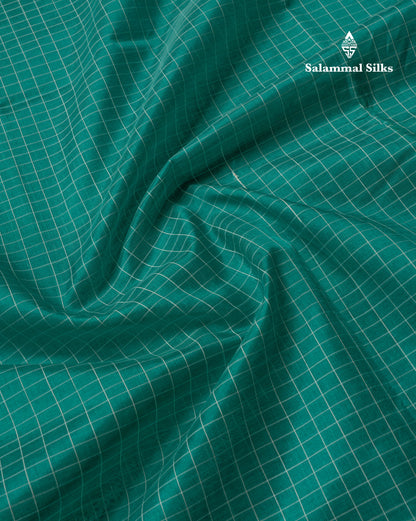 Sapphire Green Small Checks Pure Silk Cotton Saree With Contrast Long Violet Border & Parrot Motifs