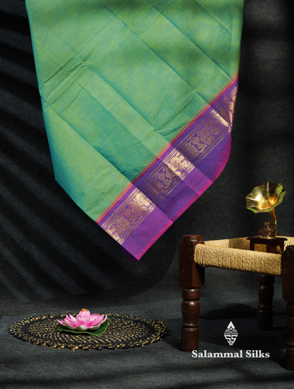 Beautiful Green Plain Pure Chettinad Cotton Saree With Traditional Ganga Jamuna Border