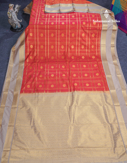 Reddish Pink Velthari Checks Beautiful Semi Silk Saree With Contrast Cream Border