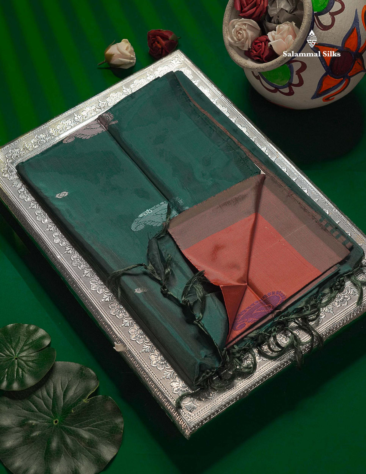 Peach Thread work Buttas Banana Pinth Saree (Vaazhainaar Pattu) With Contrast Peacock Green Blouse