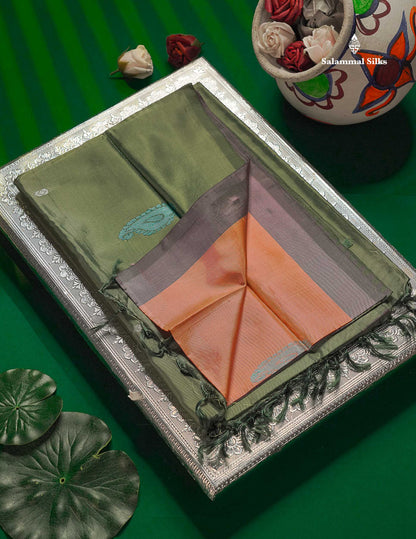 Dark Peach Thread work Buttas Banana Pinth Saree (Vaazhainaar Pattu) With Contrast Army Greene Blouse