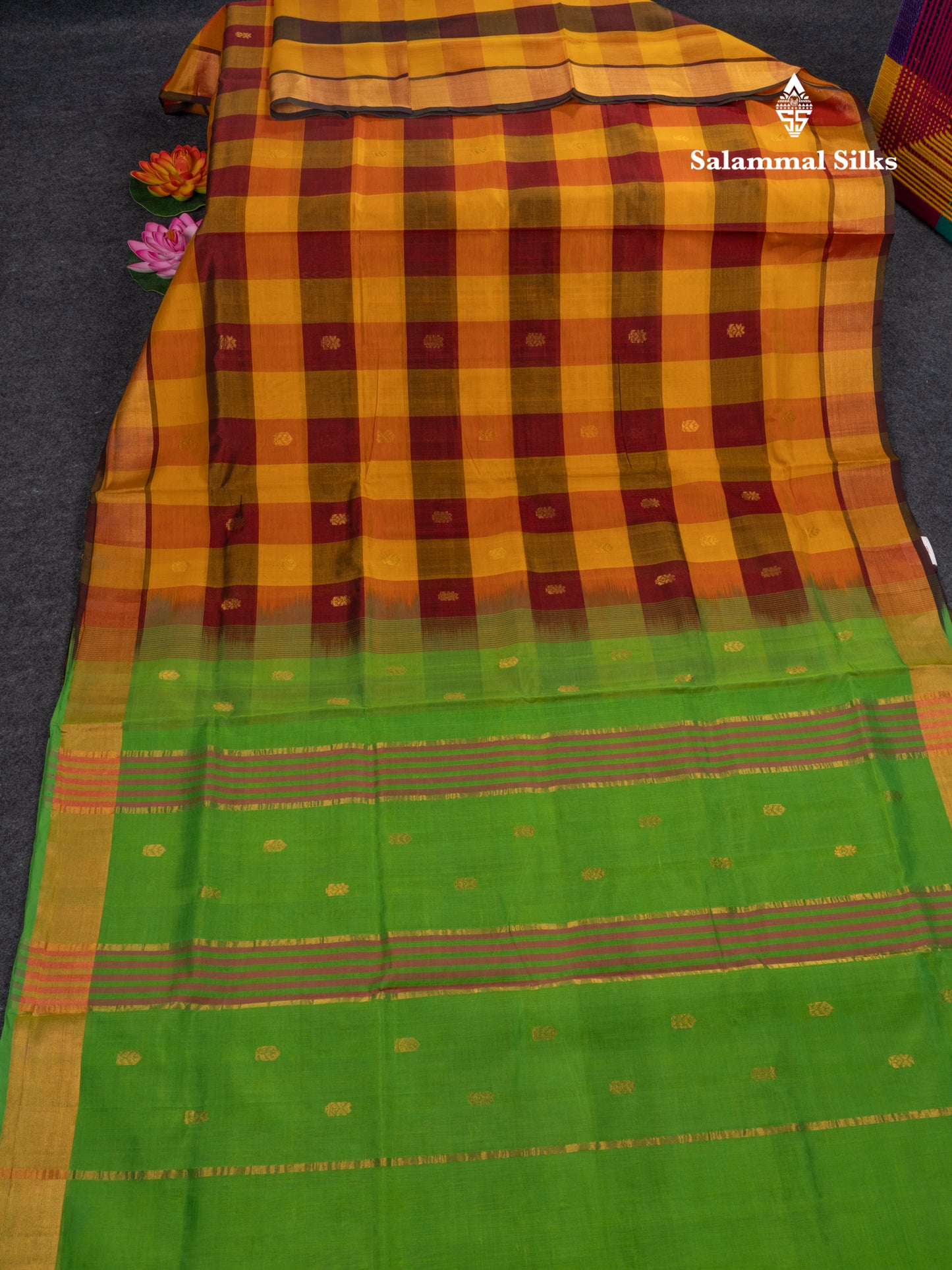 Paalum Pazham Checks Pure Silk Cotton Saree With Contrast Parrot Green Pallu
