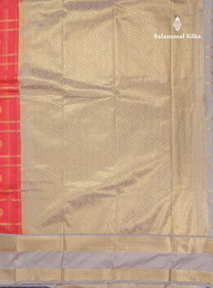 Reddish Pink Velthari Checks Beautiful Semi Silk Saree With Contrast Cream Border