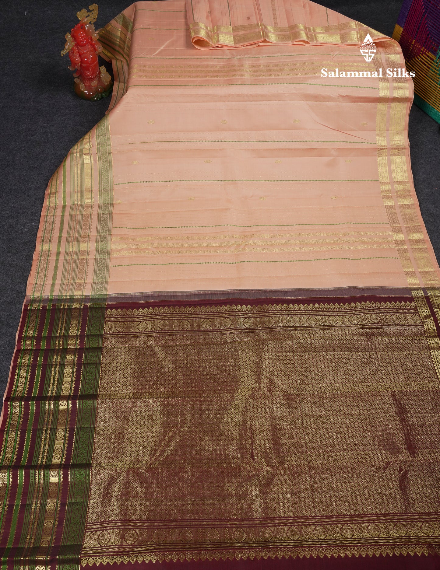 Beautiful Peach Handloom Fancy Pure Kanjivaram Silk Saree With Traditional Evening Morning Border