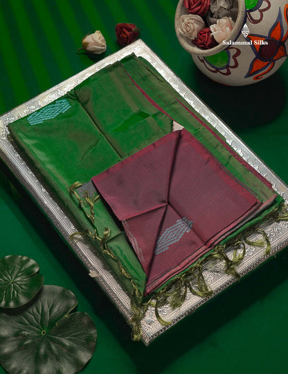 Magenta Thread work Buttas Banana Pinth Saree (Vaazhainaar Pattu) With Contrast Saffire Green Blouse