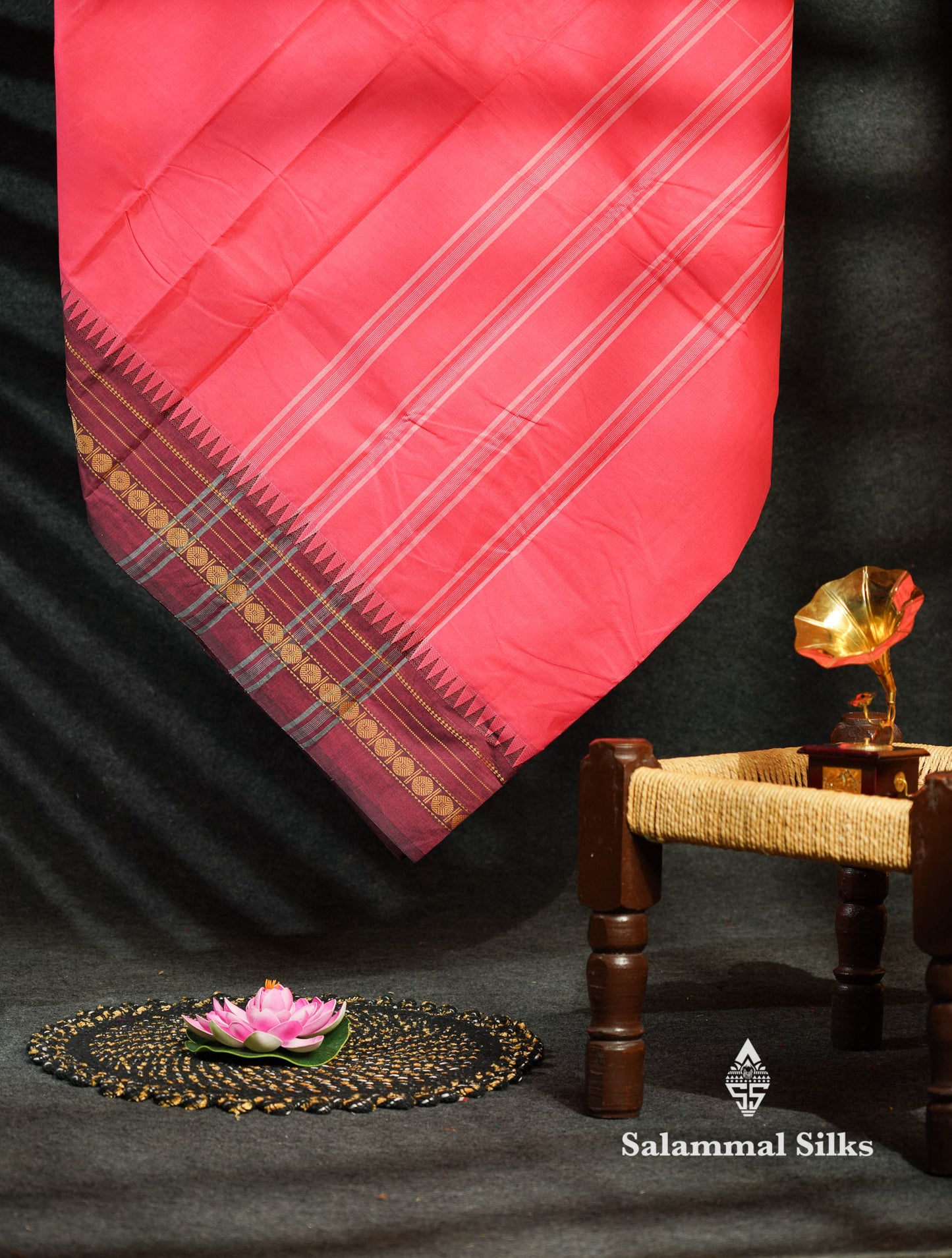 Beautiful Pink Plain Pure Chettinad  Cotton Saree With Dark Brown Thread Work Border