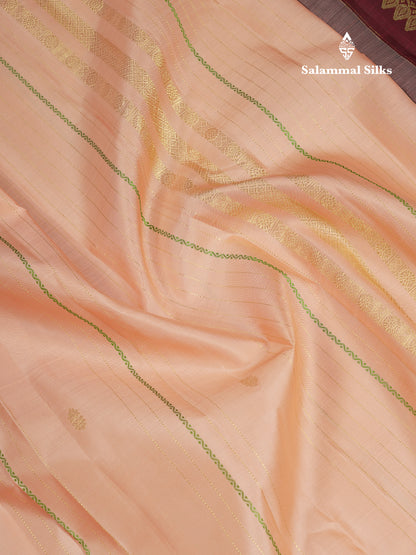 Beautiful Peach Handloom Fancy Pure Kanjivaram Silk Saree With Traditional Evening Morning Border