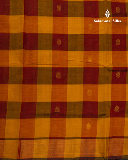 Paalum Pazham Checks Pure Silk Cotton Saree With Contrast Parrot Green Pallu