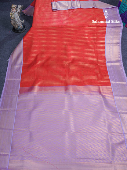 1000 Buttas Red Beautiful Semi Silk Saree With Contrast Lavender Border