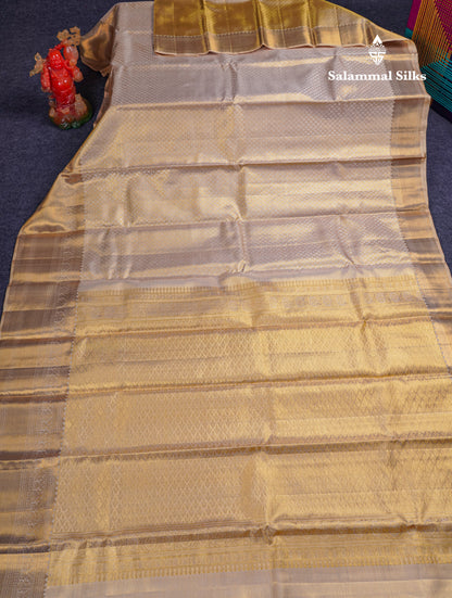 Beautiful Beige Tissue 2G Pure Kanjivaram Silk Saree With Traditional Evening Morning Border