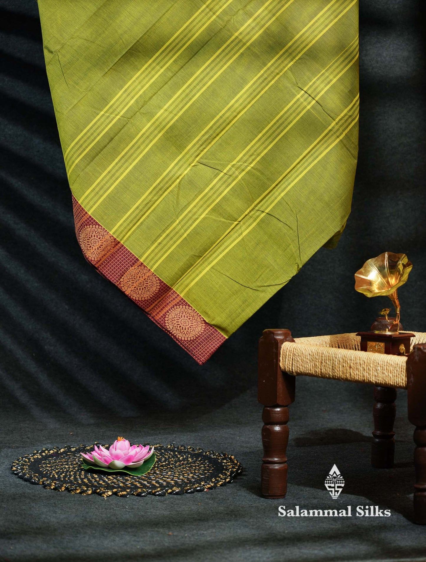 Beautiful Parrot Green Chettinad Plain Pure Cotton Saree With Maroon Thread Work Butta Border