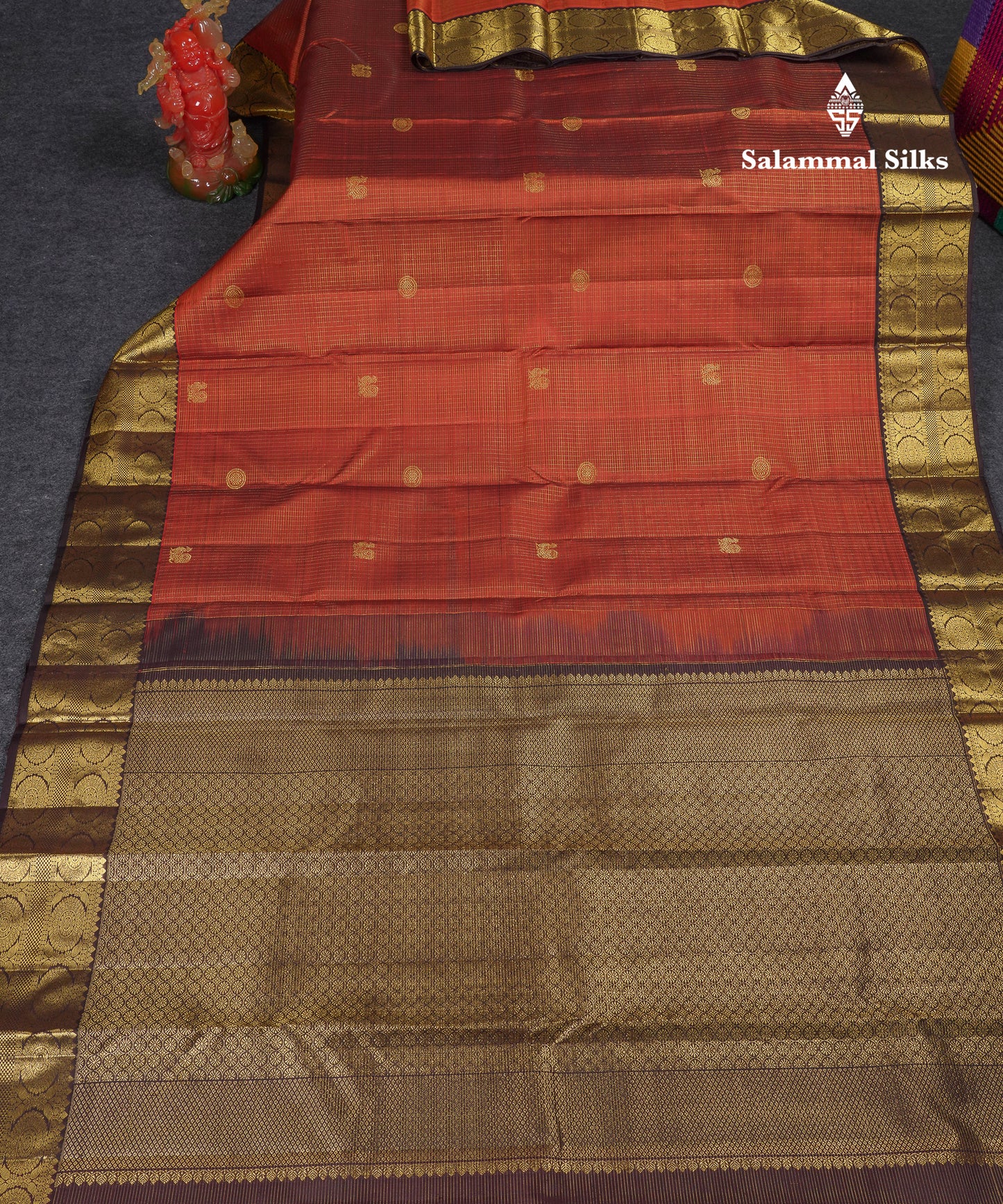 Beautiful Rust Orange Small Checks Mayil And Chakaram Buttas Pure Kanjivaram Silk Saree With Contrast Dark Brown Traditional Border