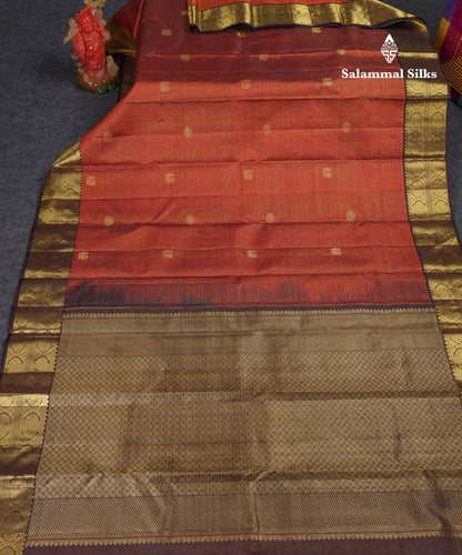 Beautiful Rust Orange Small Checks Mayil And Chakaram Buttas Pure Kanjivaram Silk Saree With Contrast Dark Brown Traditional Border