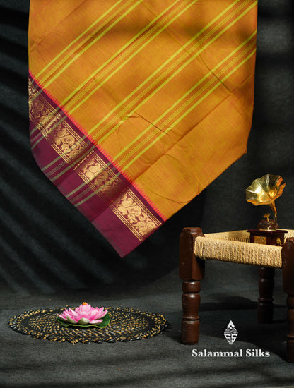 Beautiful Green Plain Pure Chettinad Cotton Saree With Traditional Ganga Jamuna Border