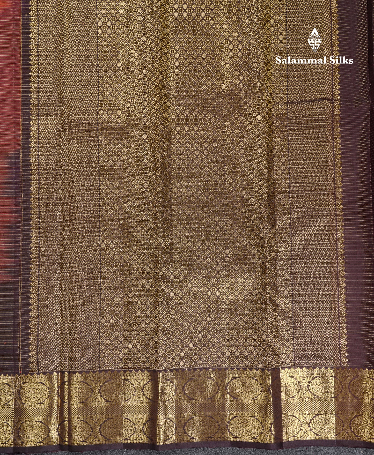 Beautiful Rust Orange Small Checks Mayil And Chakaram Buttas Pure Kanjivaram Silk Saree With Contrast Dark Brown Traditional Border