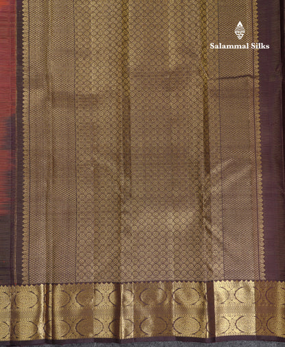 Beautiful Rust Orange Small Checks Mayil And Chakaram Buttas Pure Kanjivaram Silk Saree With Contrast Dark Brown Traditional Border