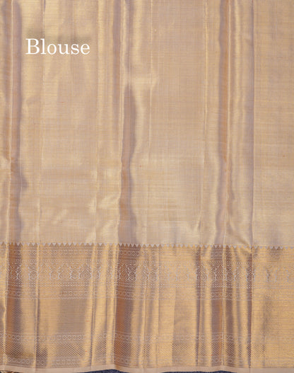 Beautiful Beige Tissue 2G Pure Kanjivaram Silk Saree With Traditional Evening Morning Border