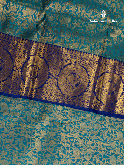Kanjivaram Ramar Blue Vanasingaram Pure Silk Saree With Contrast Violet Broder