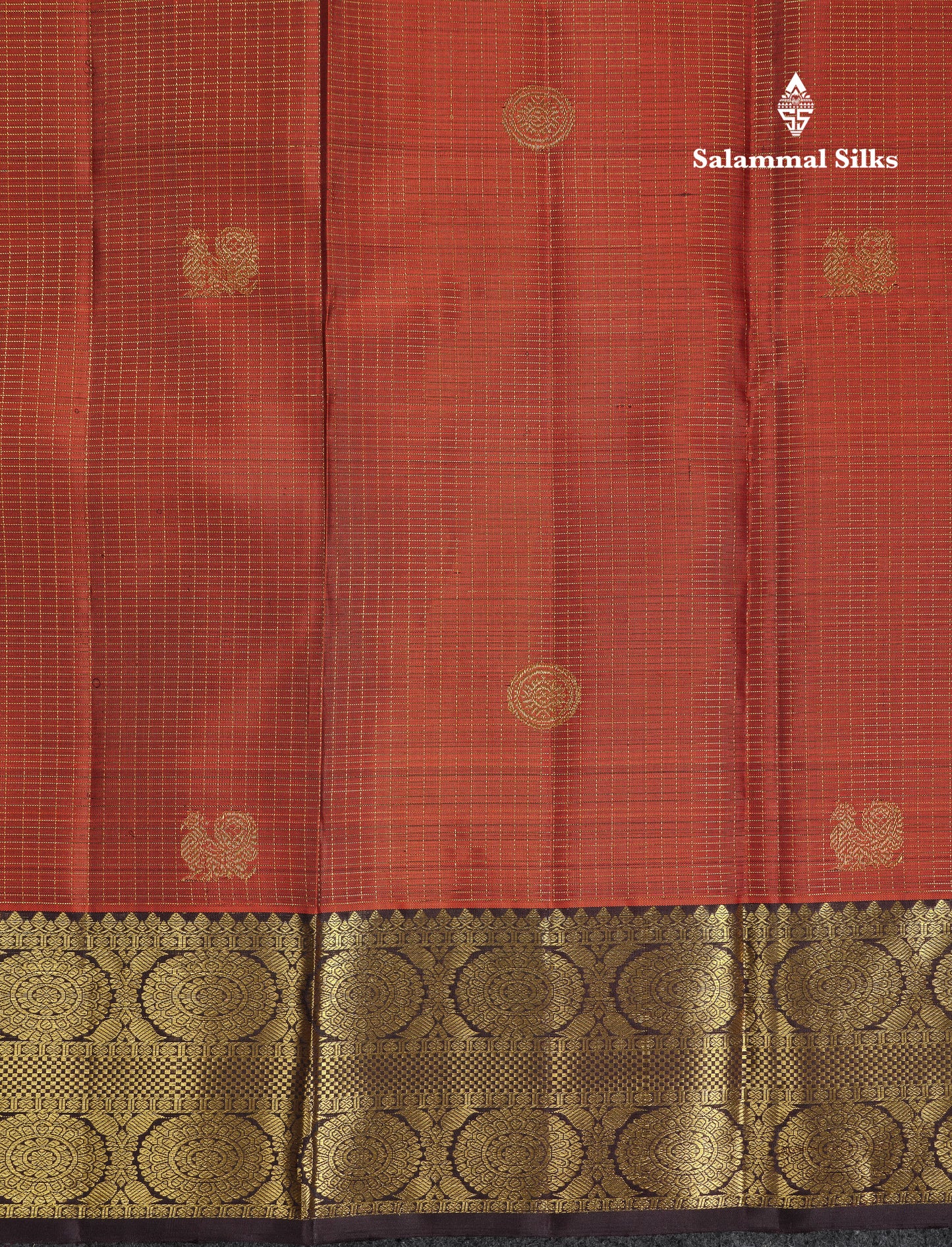 Beautiful Rust Orange Small Checks Mayil And Chakaram Buttas Pure Kanjivaram Silk Saree With Contrast Dark Brown Traditional Border